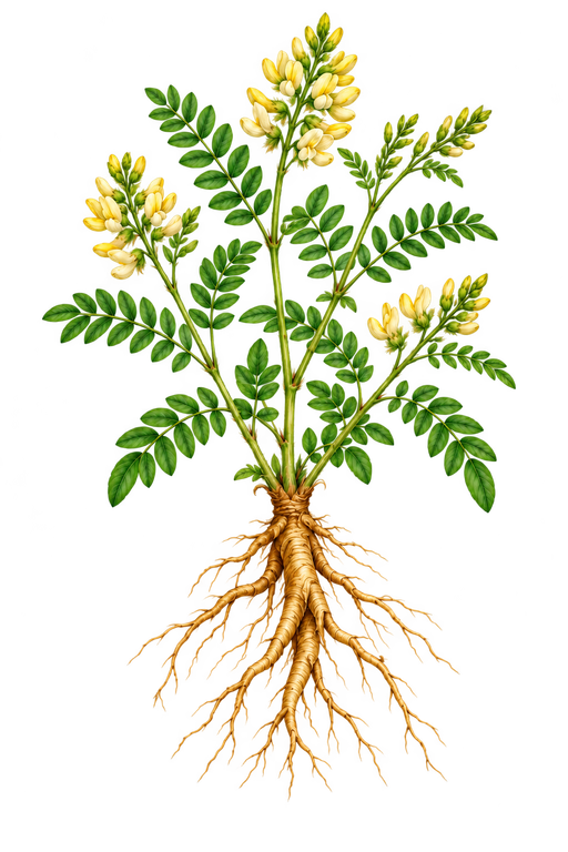 Botanical illustration of Astragalus membranaceus with yellow flowers and roots