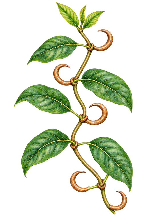 Watercolor illustration of Uncaria tomentosa, also known as cat's claw