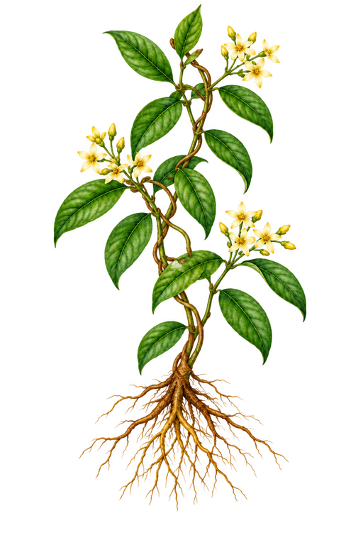 Botanical illustration of Cryptolepis sanguinolenta with yellow flowers and roots