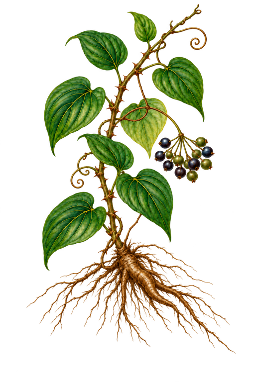 Botanical illustration of Smilax regelii with leaves, berries, and roots